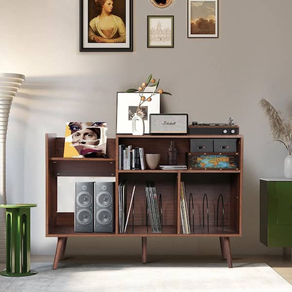 ATHMILE Walnut Large Record Player Stand Table/Record Storage Cabinet (15.7 in. D x 31.4 in. W x 45.2 in. H)
