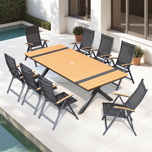 Brown 9-Piece 94 in. Aluminum Wood-Like Rectangular Patio Outdoor Dining Set with Folding Recline Chairs, Umbrella Hole