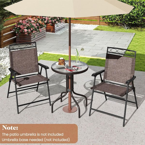 3-Piece Brown Metal Round Outdoor Bistro Dining Furniture Set with 1.57 in. Umbrella Hole Rippled