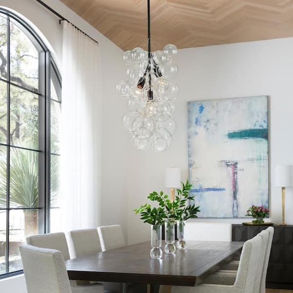 3-Light Matte Black Modern Ceiling Light Fixture Cluster Globe Bubble Chandelier for Living Room With Clear Glass Shade