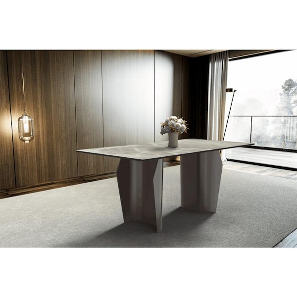 Leisuremod Zelan Modern Deep Grey Stone 55.11 in. Trestle Dining Table, Seats 4