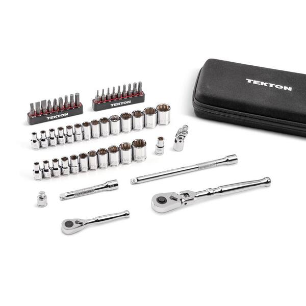 1/4 Inch Drive 12-Point Small Engine Shallow Socket, Bit and Flex Head Quick-Release Ratchet Set with Case (50-Piece)