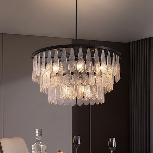 31.5 in. Modern 12-Lights Black Glass Chandelier with Light Dining Room or Kitchen