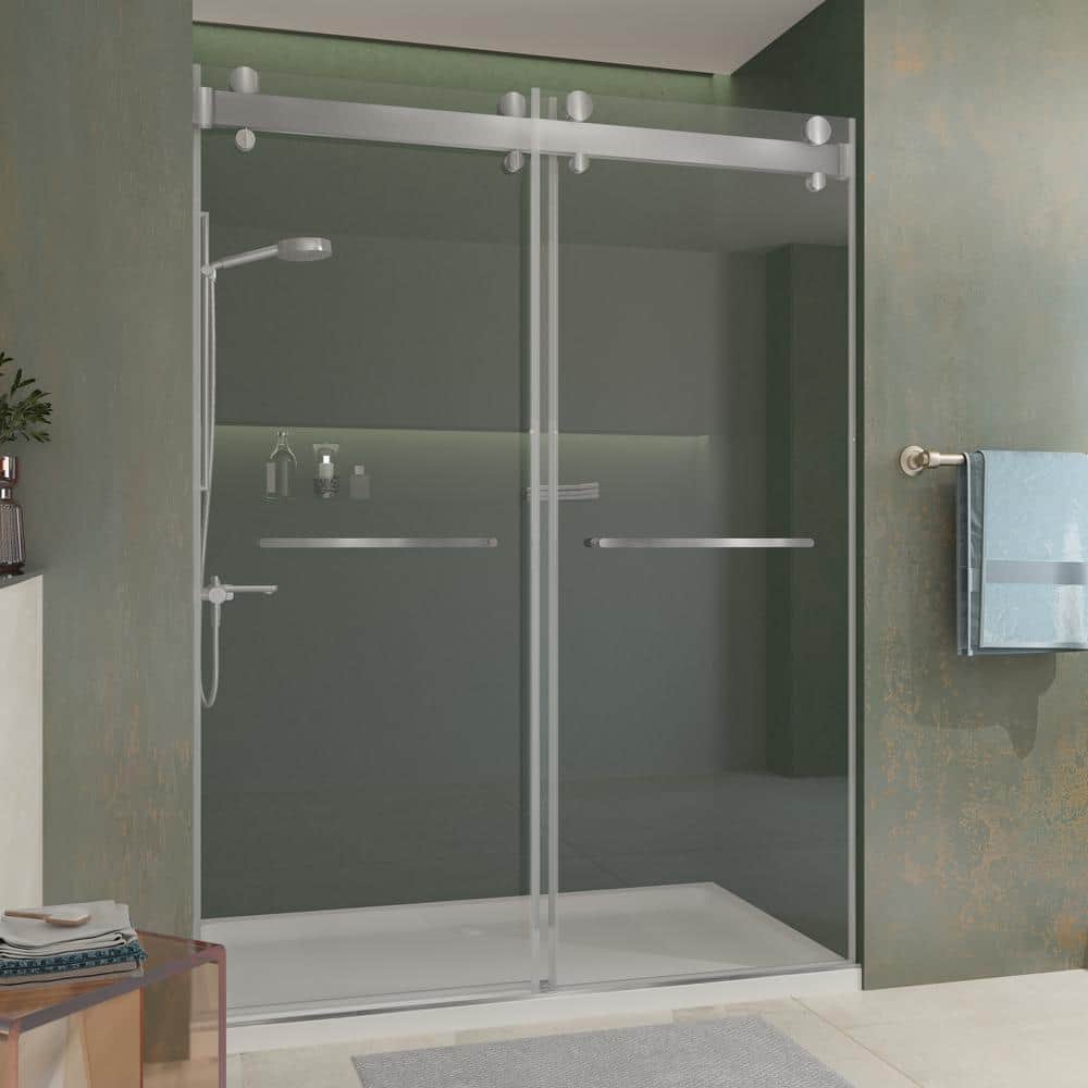 Brushed Silver Frameless Double Sliding Shower Door with Clear Tempered Glass