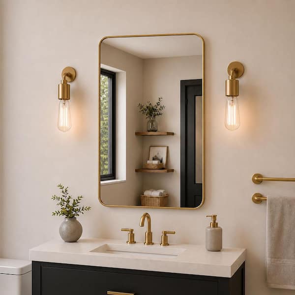 24 in. W x 36 in. H Rectangular Framed Wall Bathroom Vanity Mirror in Gold