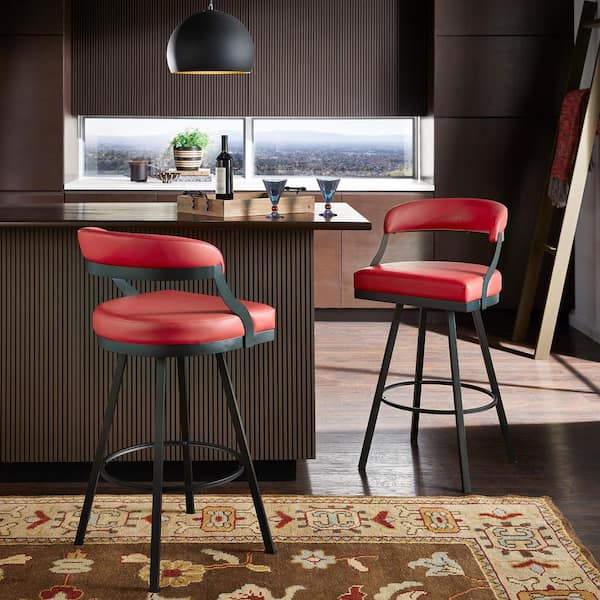 HomeSullivan 31 in. Red Vegan Leather Black Finish Metal Frame Swivel Chair (Set of 2)