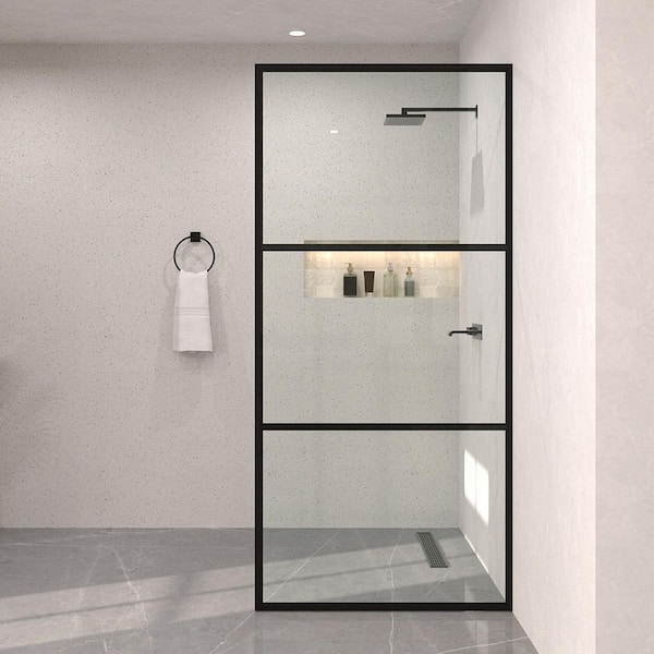 Monture 34 in. W x 72 in. H Fixed Framed Shower Screen Door in Matte Black with Patterned Glass