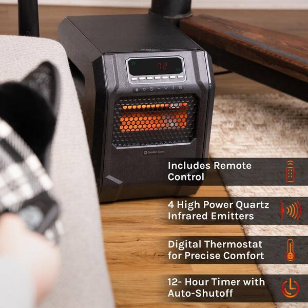 Comfort Zone 1,500-Watt Electric Digital Quartz Infrared Cabinet Space  Heater with Remote Control in Black CZ2018 - The Home Depot