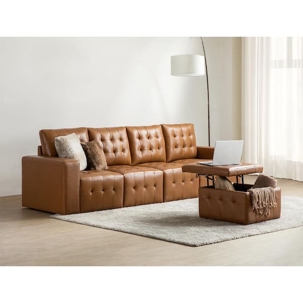 Stanton Leather Sofa With Tufted Seat And Back In Camel