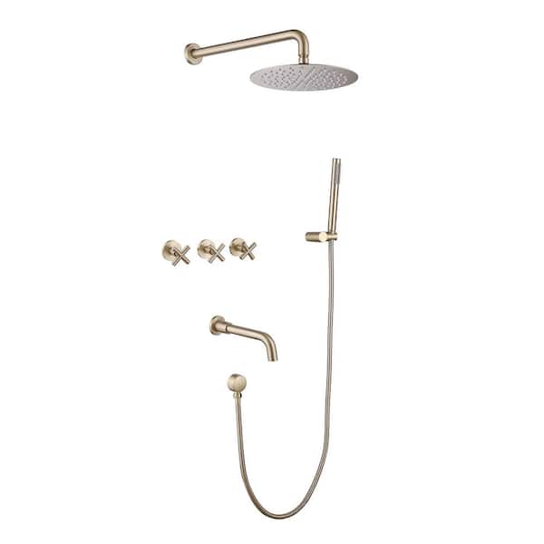 Triple Handle 1-Spray Wall Mount Tub and Shower Faucet 1.8 GPM Brass 10 In. Shower System in Brushed Gold Valve Included