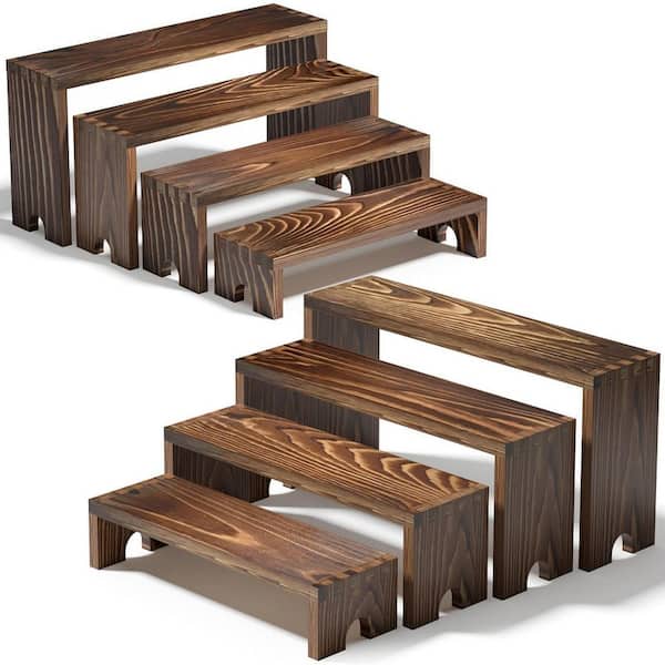 2-Piece 4-Tier Brown Wood Cupcake Stand, Farmhouse Decor Wood Dessert Table Display Set, Food Display Risers for Party