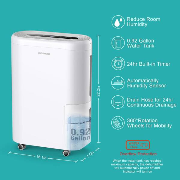 KESNOS HDCX-PD220B-1 60-Pint . Portable Home Dehumidifier For up to 4500 sq. ft. With Drain and Water Tank, Timer With Wheels, White - 3