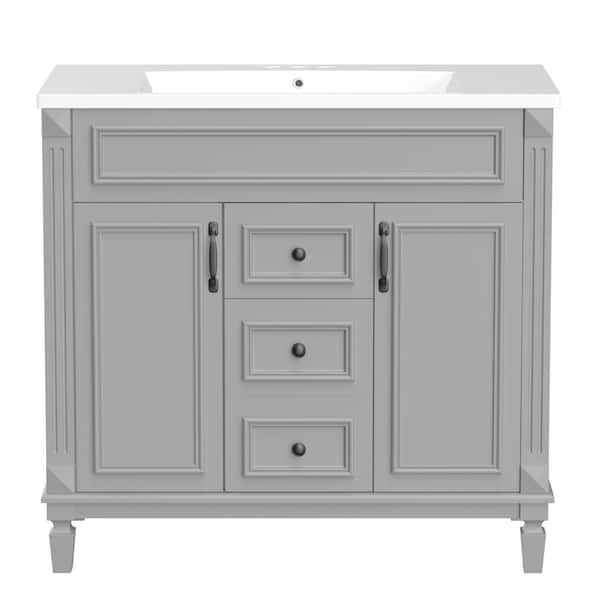 Bnuina 35.9 in. W. x 18.1 in. D x 34 in. H Single Sink Freestanding Bath Vanity in Grey with White Resin Top