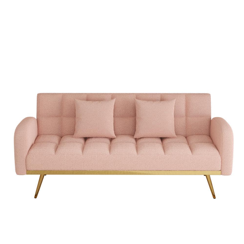 69 in. Pink Teddy Fabric Twin Size Adjustable Sofa Bed with 2 Pillows