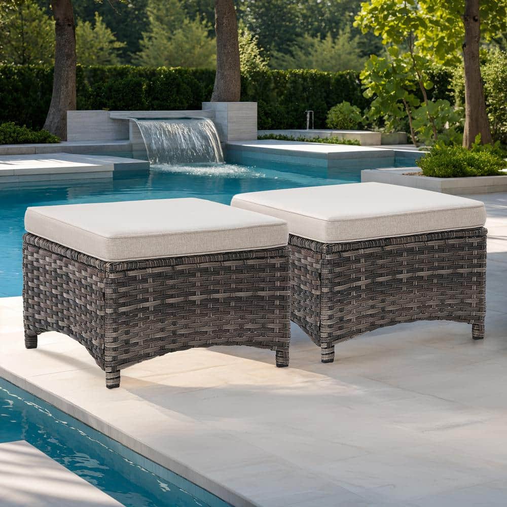 Beige Cushioned Wicker Outdoor Patio Ottoman Set with Steel Frame