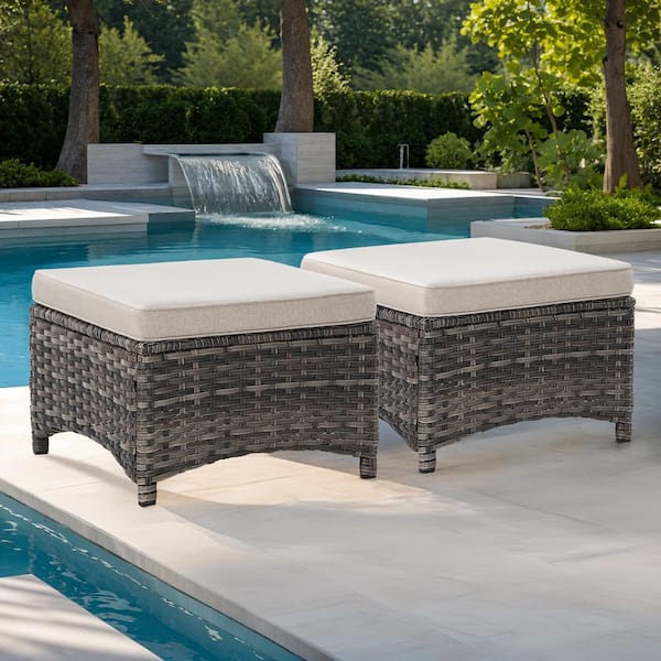 Gardenbee Wicker Outdoor Patio Ottoman with Beige Cushions (Set of 2)