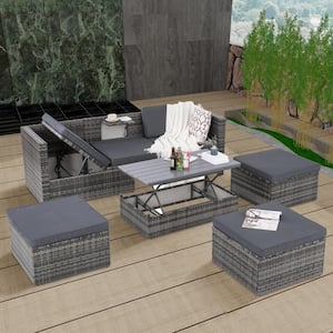 5-Piece Wicker Outdoor Sofa Sectional Set with Gray Cushions (Lounger Sofa + lift Coffee Table + 3 Ottoman)