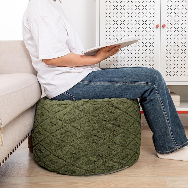 Green Furry Upholstered Round Ottoman Pouf Ultra-Plush Foam-Filled