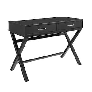 Dayna Black Campaign Style Two Drawer Desk with X-Frame Legs