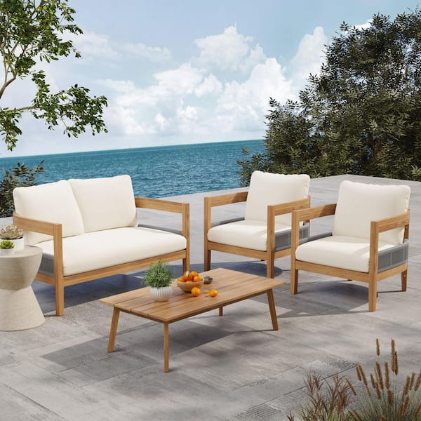 Eli 4-Piece Outdoor Solid Wood and Rope Woven Patio Conversation Set with Beige Cushions, Coffee Table, Teak Finish