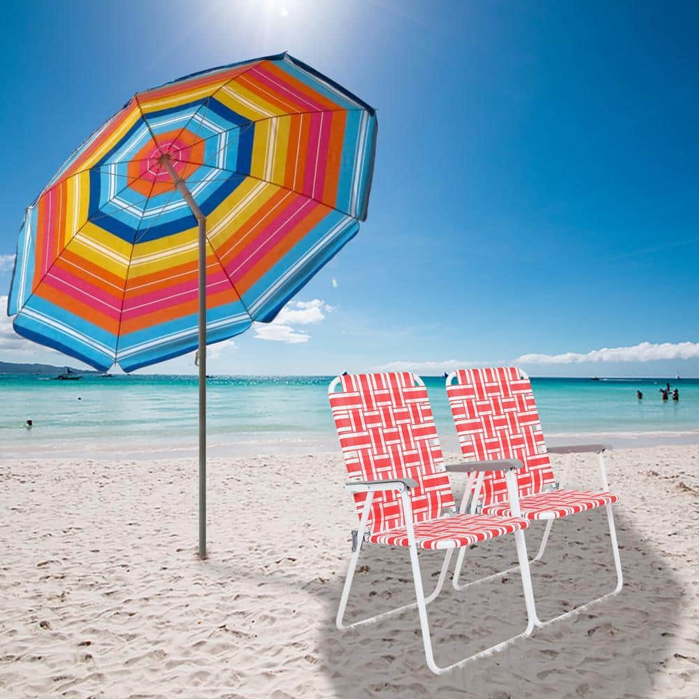Red and White Steel Frame Folding Beach Chair Set