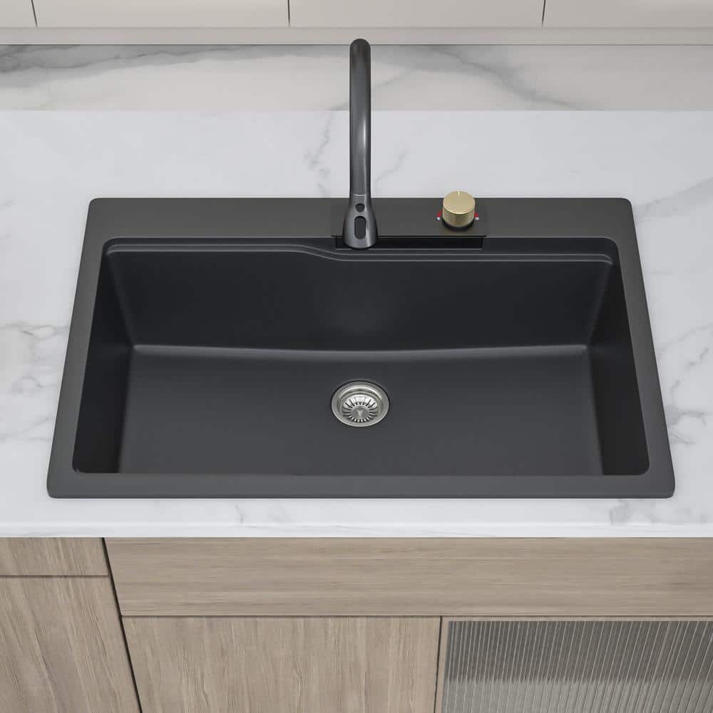 33" Matte Black Granite Composite Single Bowl Kitchen Sink with Pull Down Faucet