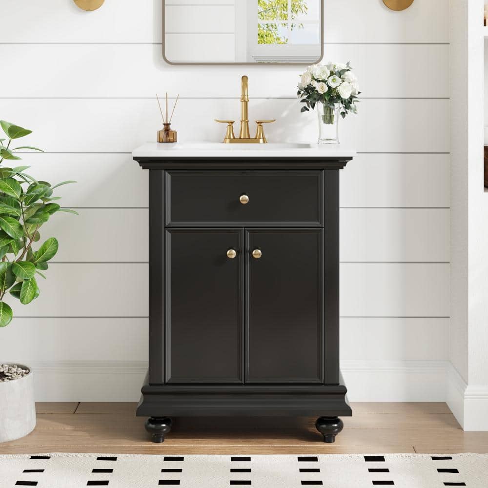 24 in. Farmhouse Freestanding Black Bath Vanity with White Ceramic Top, Solid Wood Ball-turned Legs, Soft-close Hinges price history on PriceWatchPro