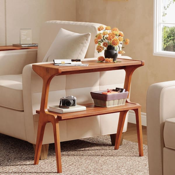 BYBLIGHT Kerlin 27. 56 in. Natural Wood Rectangle All Solid Wood Side Table, Minimalist End Table with Shelves for Living Room