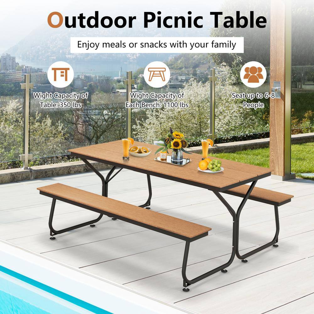 6FT Brown HDPE and Metal Outdoor Picnic Table Bench Set