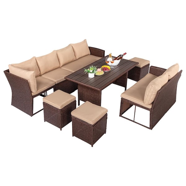 Karl home Black Frame 8-Piece Brown Wicker Outdoor Sectional Set with Khaki Cushions