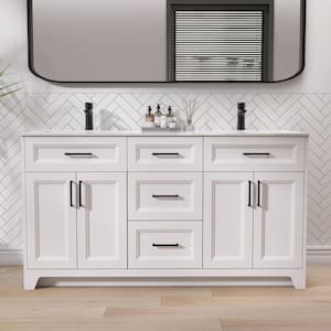 60 in. W x 22 in. D x 34 in. H Double Sinks Freestanding Shaker Bath Vanity in White with Solid Surface Resin Vanity Top