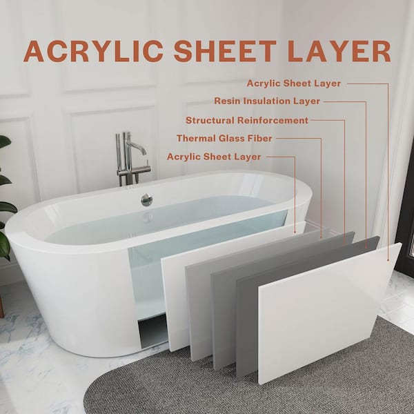 59 in. Acrylic Flatbottom Oval Freestanding Soaking Bathtub in White with Polished Chrome Overflow and Drain
