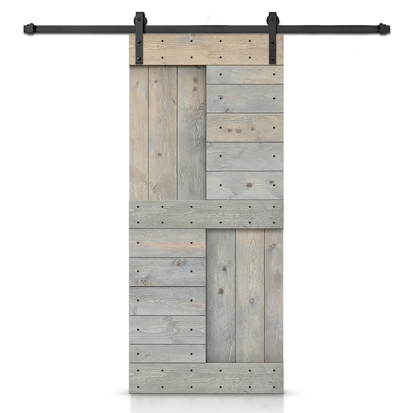 CALHOME 24 in. x 84 in. Smoke Gray Stained DIY Knotty Pine Wood Interior Sliding Barn Door with Hardware Kit