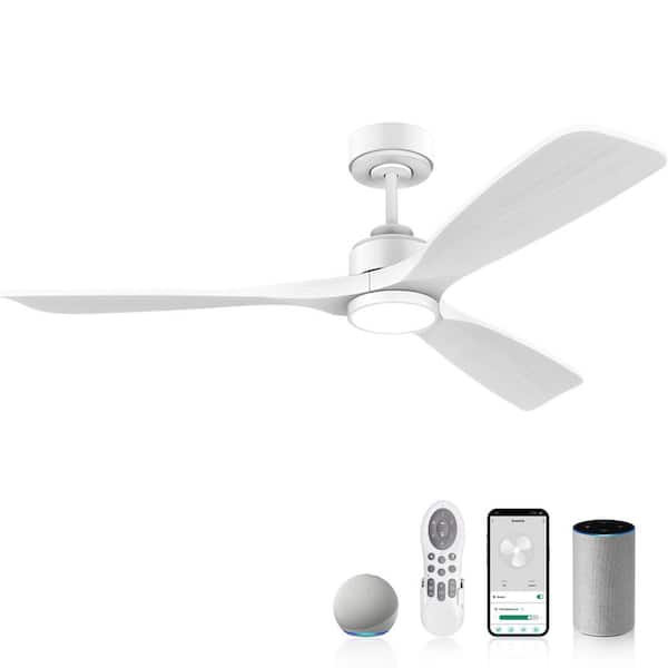 52 in. Wood Smart Outdoor/Indoor White Ceiling Fans with Lights Remote, Voice Control via WIFI Alexa App