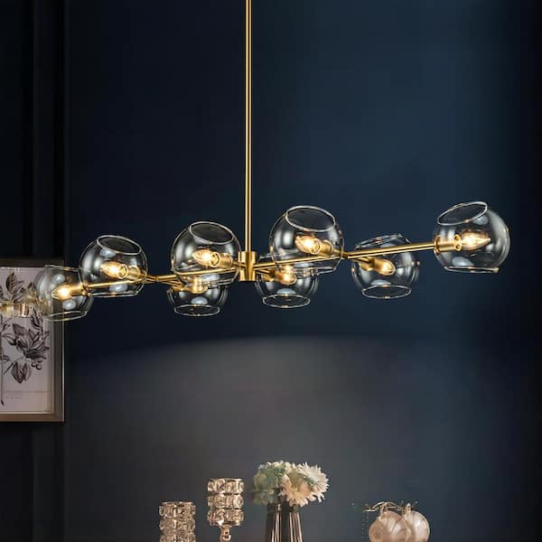 RRTYO Aurelia 8-Light Modern Gold Linear Sputnik Branch Pendant Globe Bubble Chandelier for Kitchen Island with Glass Shade