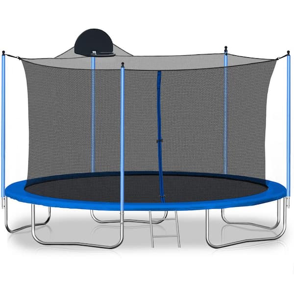 12 ft. Blue Round Trampoline with Safety Enclosure Net and Basketball Hoop