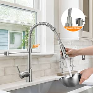 1-Handle Pull Down Sprayer Kitchen Faucet Spring Stainless Steel Kitchen Sink Faucet in Brushed Nickel
