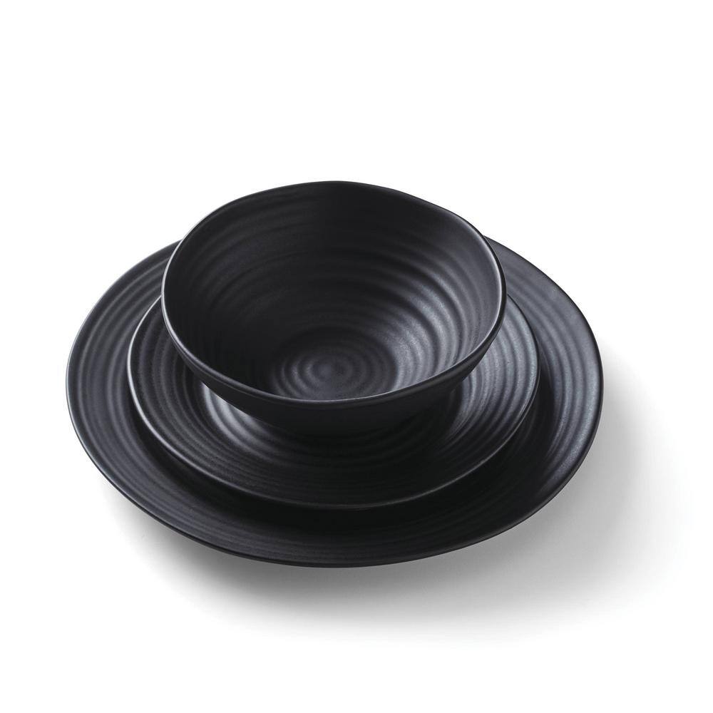 Black Ceramic 12-Piece Round Dinnerware Set with Swirl Embellishment