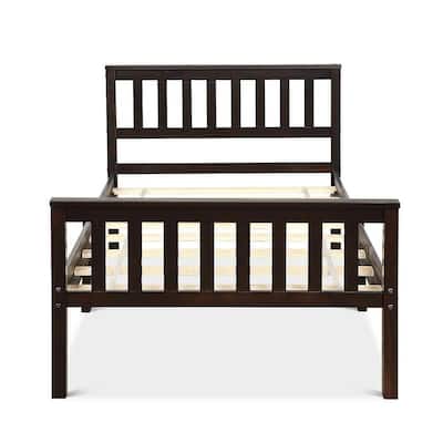 Espresso Wood Twin Size Bed Frame Wood Slats Support Platform with Headboard