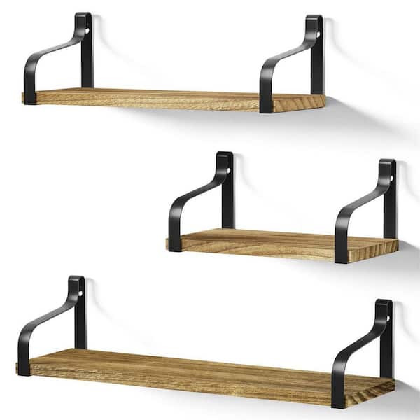 Cubilan 4.7 in. x 17 in. x 4.2 in. Carbonized Black Wood Floating Decorative Wall Shelves with Metal Brackets (Set of 3)