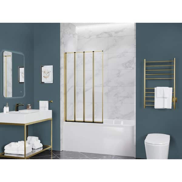 Accordion 33 in. W x 56 in. H Sliding Framed Tub Door in Matte Black/Brushed Gold with Tempered Clear Glass