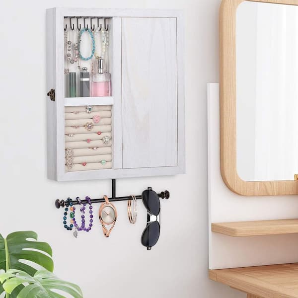 White 13 in. x 15.7 in. Wood Rustic Wall Mount Jewelry Organizer