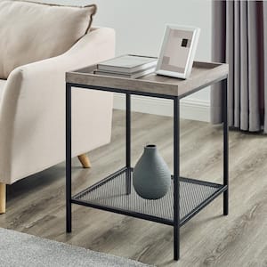18 in. Grey Wash Square Wood Side Table with Lower Mesh Shelf