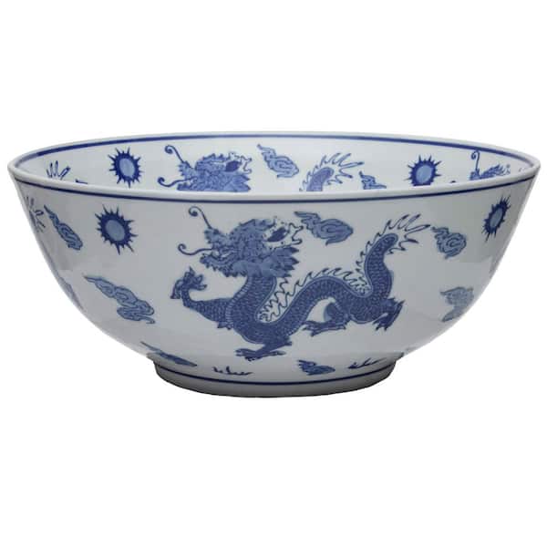 14 in. Oriental Furniture Dragon Blue and White Porcelain Bowl