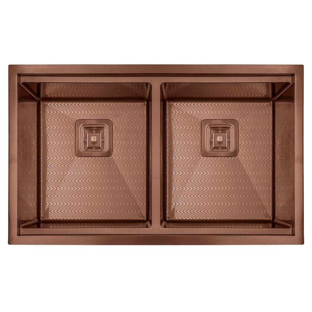 32" Copper Wave Textured Stainless Steel Double Bowl Workstation Sink