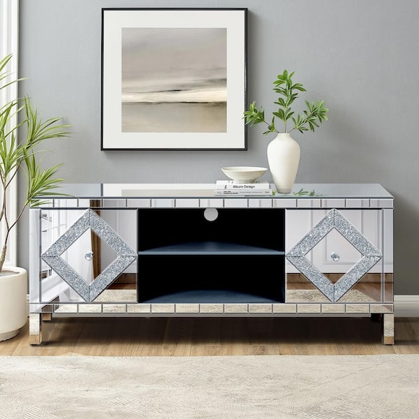 47 in. Silver Mirror TV Stand for 50 in. TVs-Solid Wood Console with Diamond Glass Doors and Open Storage Shelves