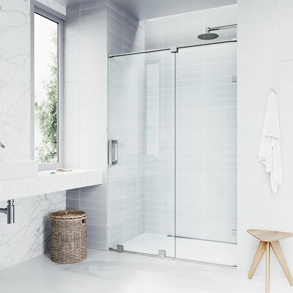 Ryland 62 to 64 in. W x 73 in. H Track Sliding Frameless Shower Door in Stainless Steel with 3/8 in. (10mm) Clear Glass