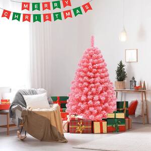 4.5 ft. Snow Flocked Hinged Artificial Christmas Tree with Metal Stand Pink