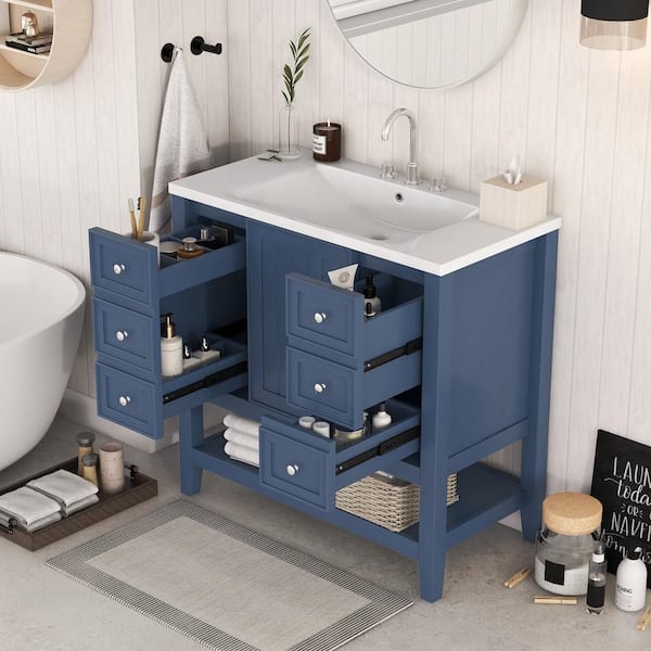36 in. W x 18 in. D x 34 in. H Single Sink Bath Vanity in Blue with White Ceramic Top