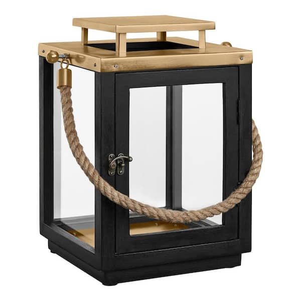 Hampton Bay 12.75 in. Black Wood and Gold Metal Top Lantern